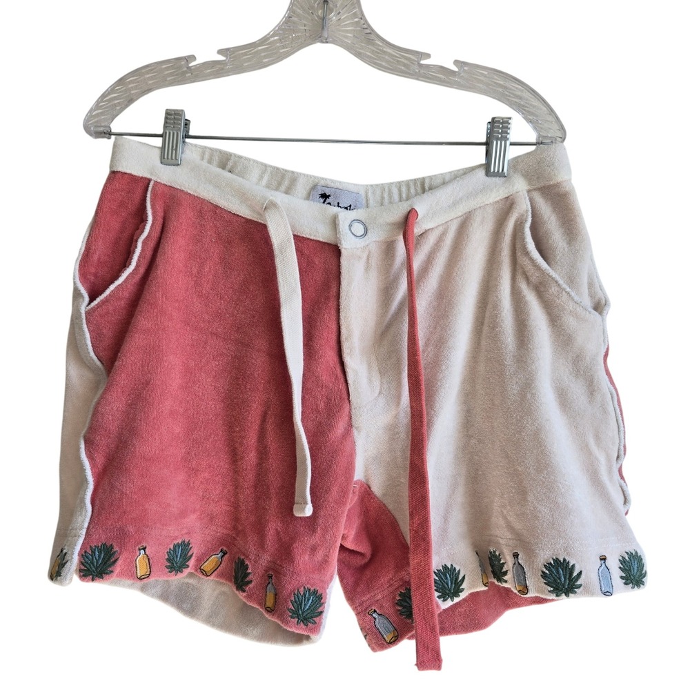 Tombolo Sz M Gusanito Cabana Terry Cloth Shorts Mens Pink Cream Agave Embroidery
